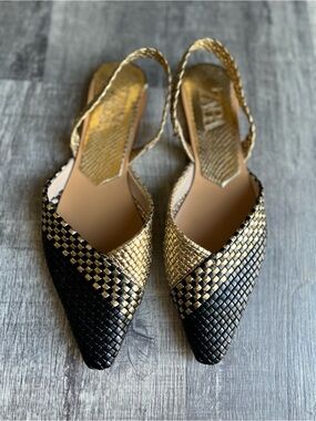 Zara Woven Pointed Slingback Flats in Black and Gold